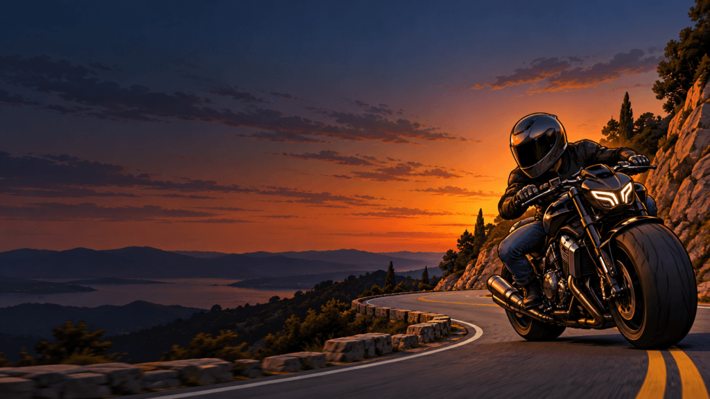 A cartoon rider in a tinted helmet leaning into a curve on a winding road at sunset.